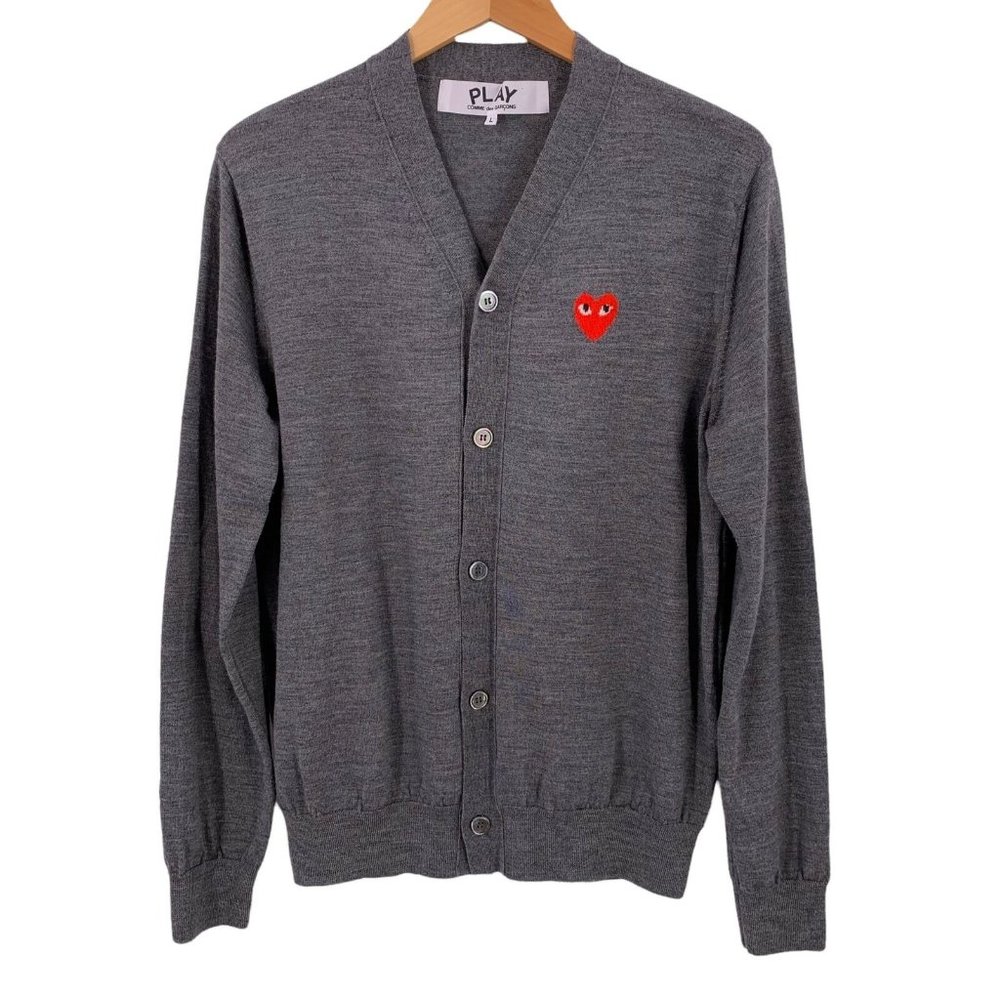 PLAY Comme des Garcons Charcoal Gray Wool Knit Red Heart Cardigan Size Large